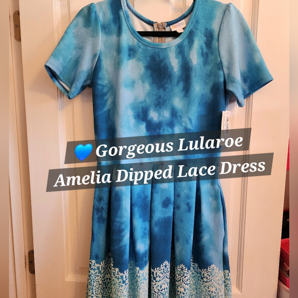 LuLaRoe Amelia Blue Tie Dye Dress Lace Dipped Medium Unicorn Vintage New Small